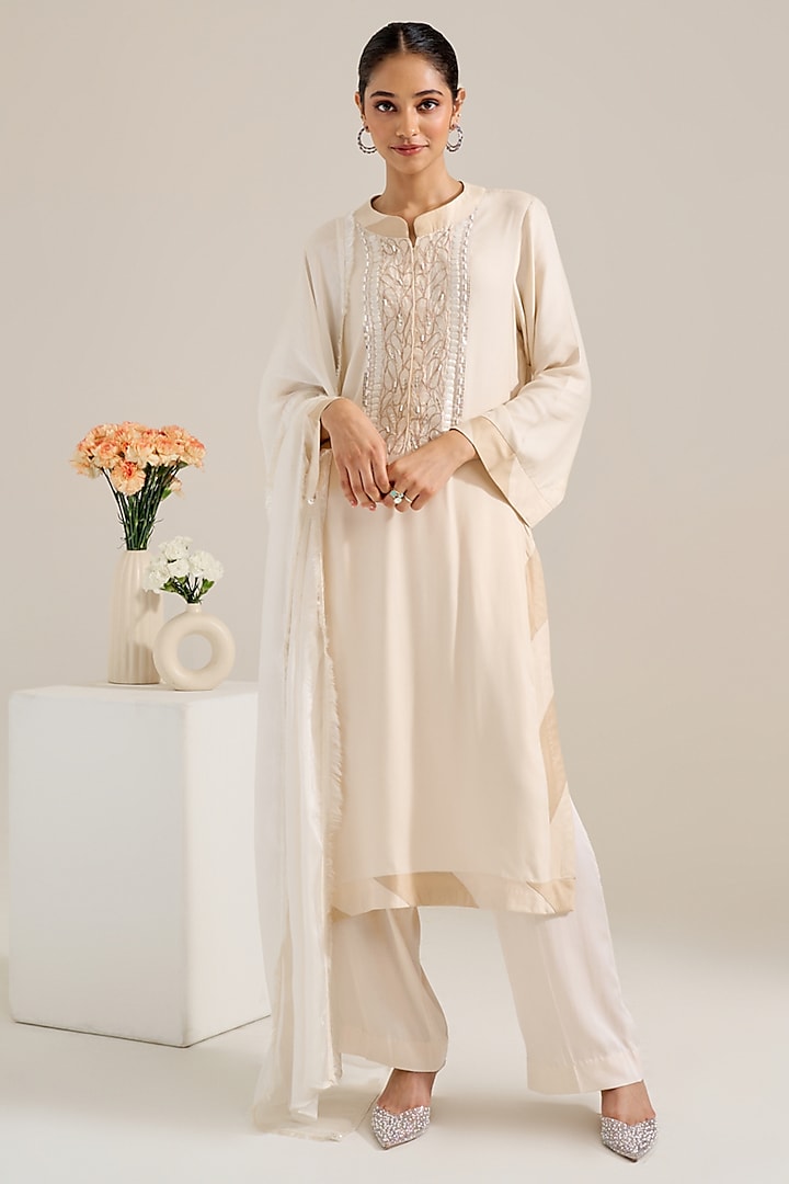 Ivory Satin Hand Embellished Kurta Set by Siyona By Ankurita at Pernia's Pop Up Shop