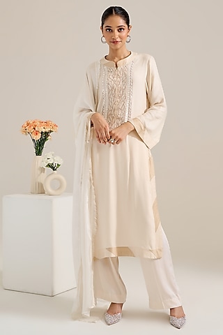 Ivory Satin Hand Embellished Kurta Set by Siyona By Ankurita