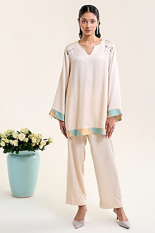 Ivory Satin Hand Embellished Co-Ord Set by Siyona By Ankurita