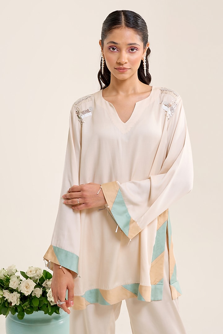 Ivory Satin Hand Embellished Co-Ord Set by Siyona By Ankurita at Pernia's Pop Up Shop