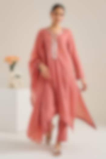 Salmon Cotton Chanderi Hand Embellished Kurta Set by Siyona By Ankurita at Pernia's Pop Up Shop