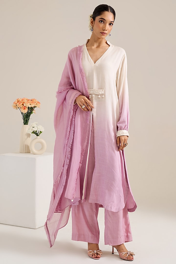 Lilac Ombre Cotton Slub Hand Embroidered Kurta Set by Siyona By Ankurita at Pernia's Pop Up Shop