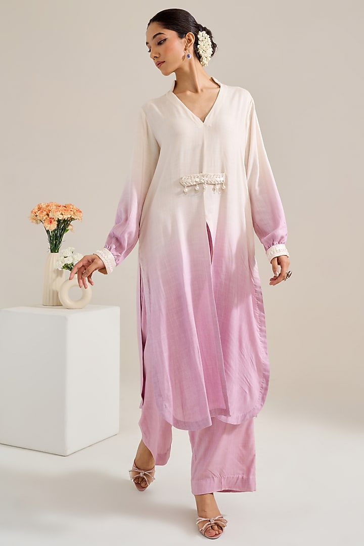 Lilac Ombre Cotton Slub Hand Embroidered Kurta Set by Siyona By Ankurita at Pernia's Pop Up Shop