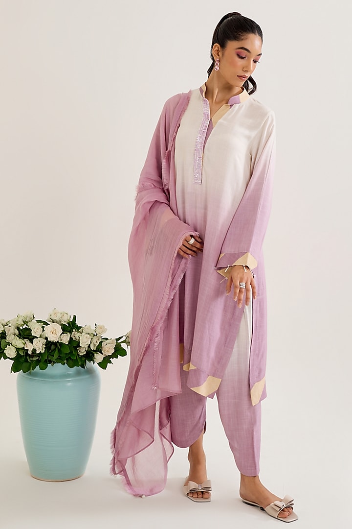 Lilac Ombre Cotton Slub Embellished Kurta Set by Siyona By Ankurita at Pernia's Pop Up Shop