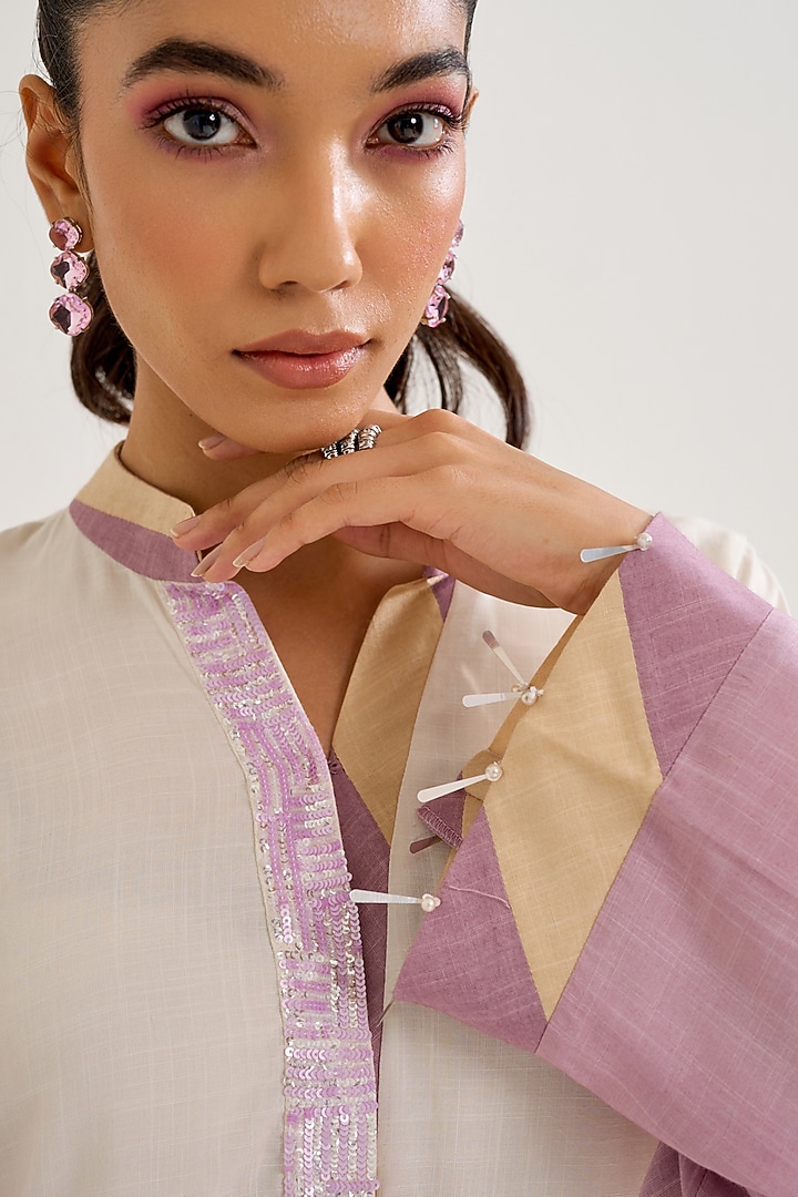 Lilac Ombre Cotton Slub Embellished Kurta Set by Siyona By Ankurita at Pernia's Pop Up Shop