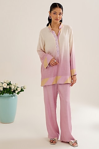 Lilac Ombre Cotton Slub Embellished Co-Ord Set by Siyona By Ankurita
