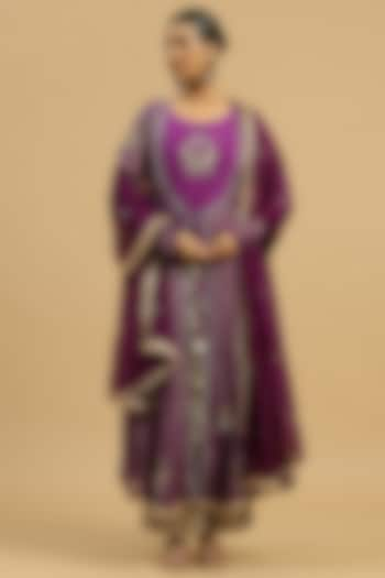 Purple Tissue Sequins Handwork Open-Anarkali Set by Siyona By Ankurita at Pernia's Pop Up Shop