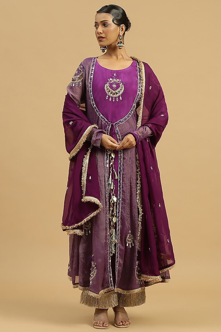 Purple Tissue Sequins Handwork Open-Anarkali Set by Siyona By Ankurita at Pernia's Pop Up Shop