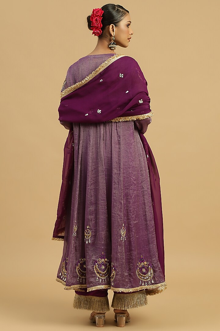 Purple Tissue Sequins Handwork Open-Wedding Anarkali Set by Siyona By Ankurita at Pernia's Pop Up Shop