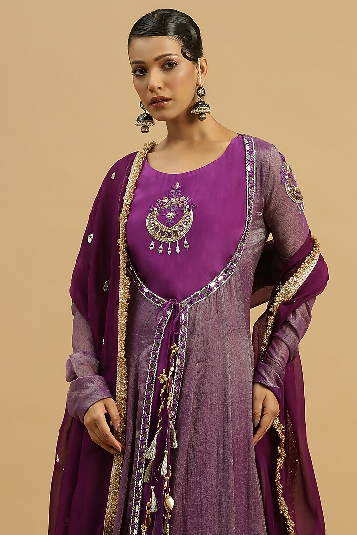 Purple Tissue Sequins Handwork Open-Wedding Anarkali Set by Siyona By Ankurita at Pernia's Pop Up Shop
