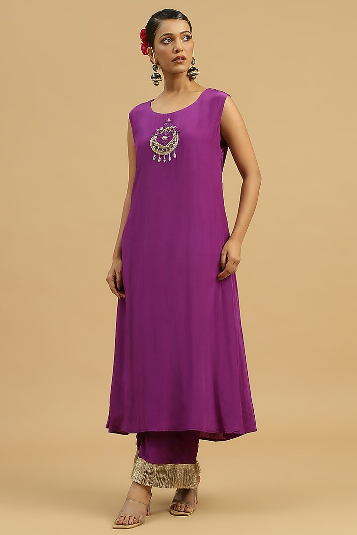 Purple Tissue Sequins Handwork Open-Wedding Anarkali Set by Siyona By Ankurita at Pernia's Pop Up Shop