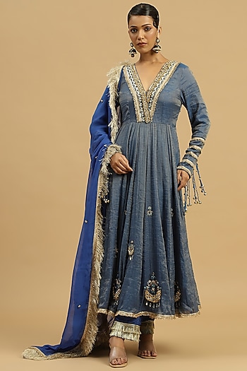Blue Tissue Ghungroo Embellished Wedding Anarkali Set by Siyona By Ankurita at Pernia's Pop Up Shop
