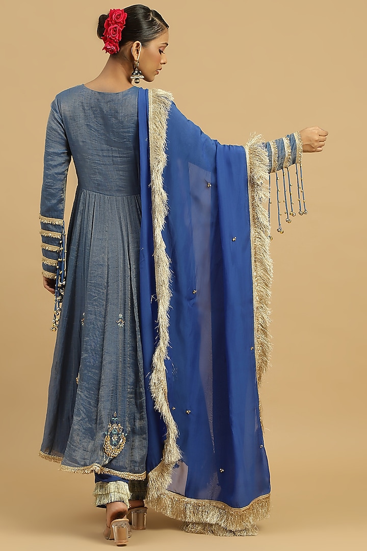 Blue Tissue Ghungroo Embellished Wedding Anarkali Set by Siyona By Ankurita at Pernia's Pop Up Shop