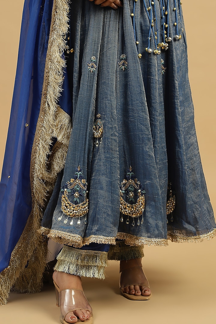 Blue Tissue Ghungroo Embellished Wedding Anarkali Set by Siyona By Ankurita at Pernia's Pop Up Shop