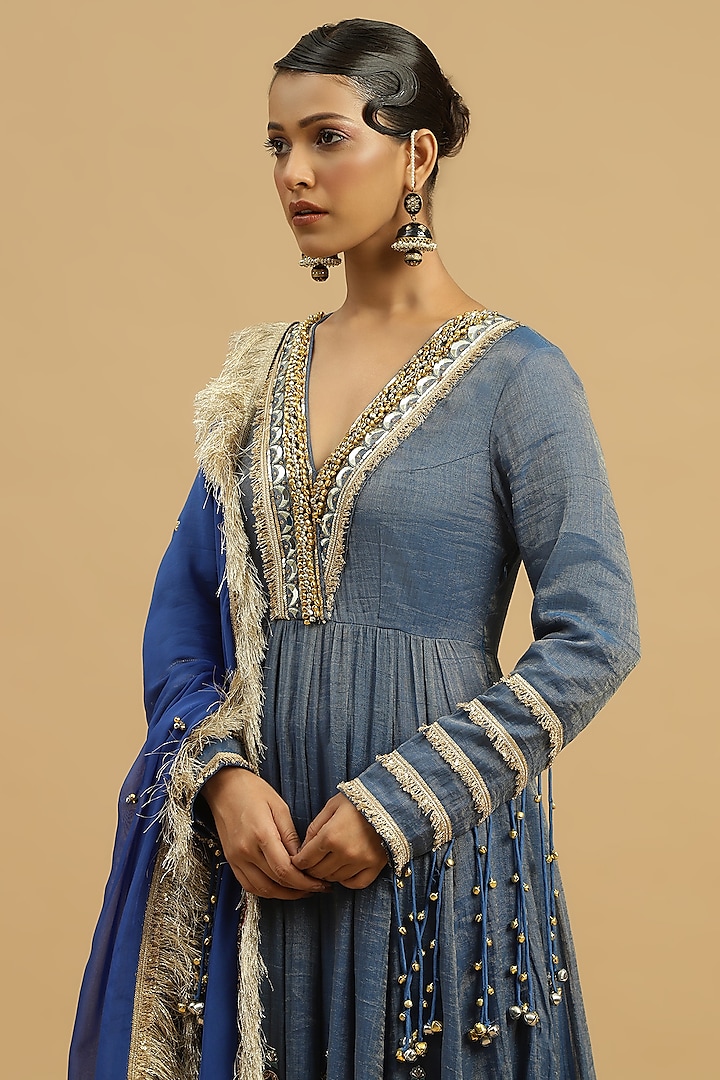 Blue Tissue Ghungroo Embellished Wedding Anarkali Set by Siyona By Ankurita at Pernia's Pop Up Shop