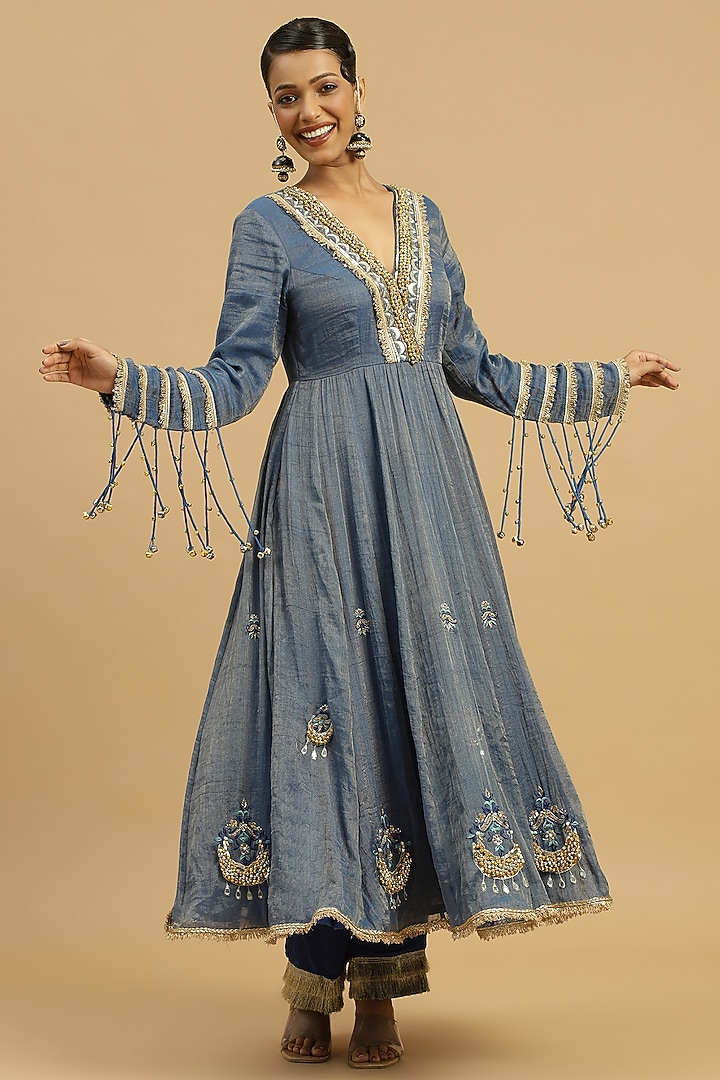 Blue Tissue Ghungroo Embellished Wedding Anarkali Set by Siyona By Ankurita at Pernia's Pop Up Shop