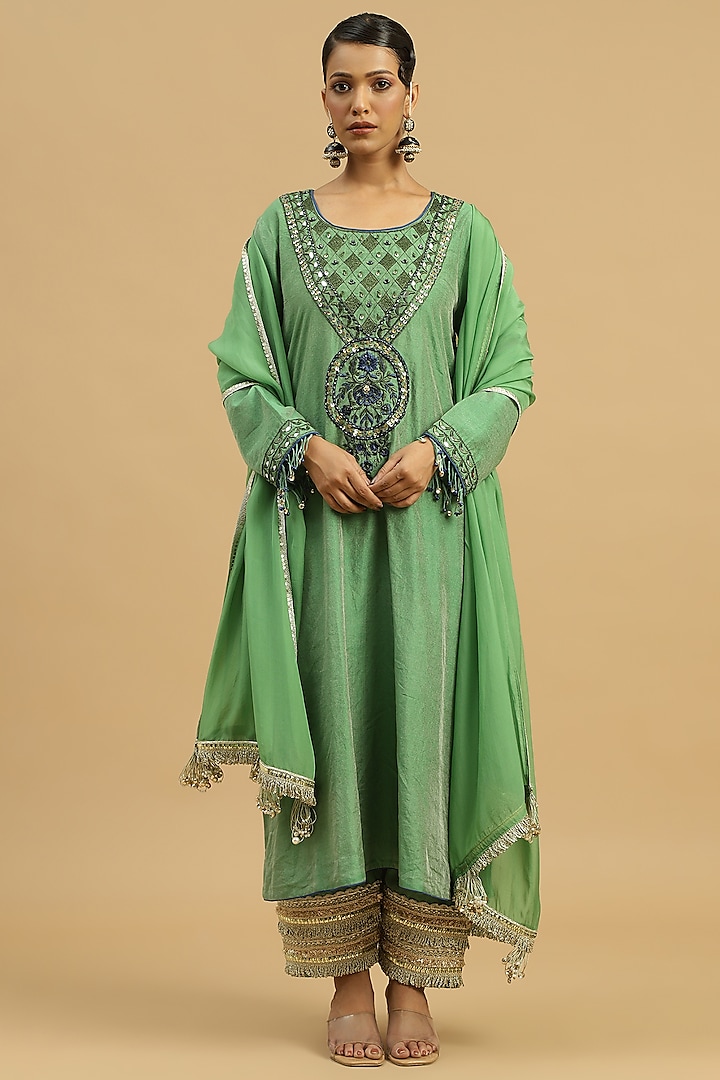 Green Tissue Sequins Machine Embroidered Kurta Set by Siyona By Ankurita