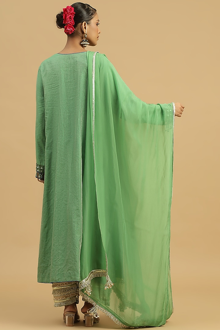 Green Tissue Sequins Machine Embroidered Kurta Set by Siyona By Ankurita at Pernia's Pop Up Shop