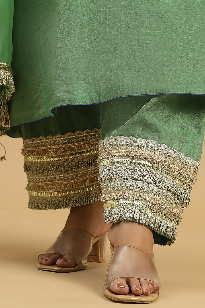 Green Tissue Sequins Machine Embroidered Kurta Set by Siyona By Ankurita at Pernia's Pop Up Shop