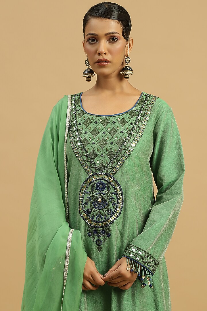 Green Tissue Sequins Machine Embroidered Kurta Set by Siyona By Ankurita at Pernia's Pop Up Shop