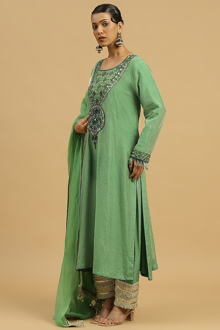 Green Tissue Sequins Machine Embroidered Kurta Set by Siyona By Ankurita at Pernia's Pop Up Shop
