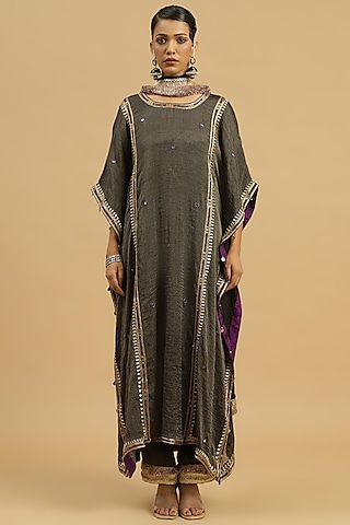 Black Tissue Mirror Embellished Kaftan Set by Siyona By Ankurita