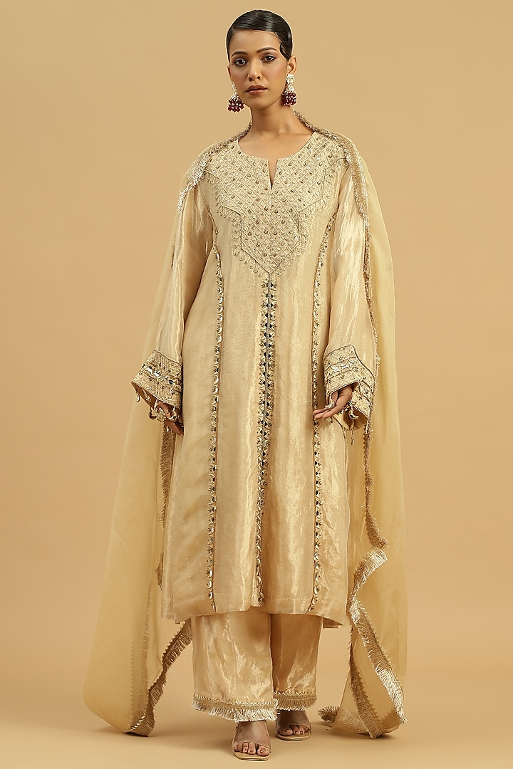 Gold Tissue Zari Embellished Kurta Set by Siyona By Ankurita at Pernia's Pop Up Shop