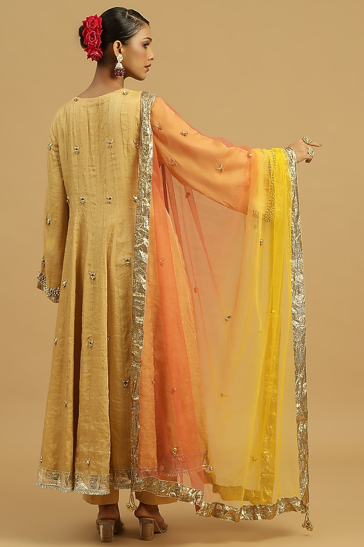 Gold Tissue Ghungroo Embellished Wedding Anarkali Set by Siyona By Ankurita at Pernia's Pop Up Shop