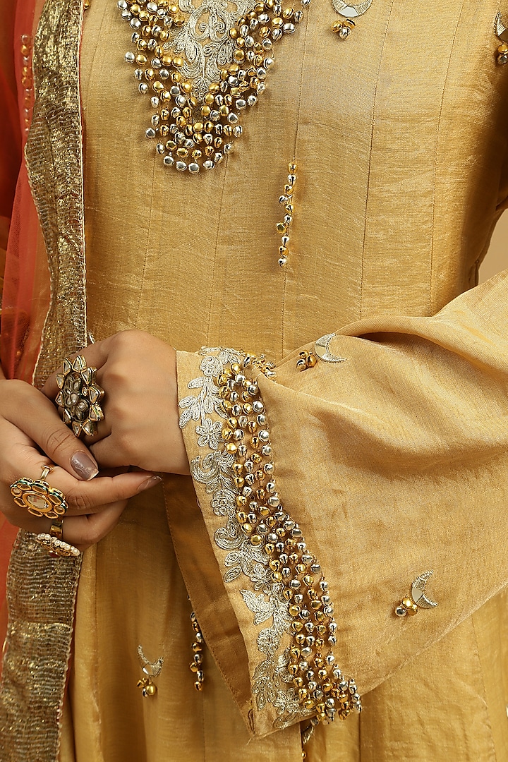 Gold Tissue Ghungroo Embellished Wedding Anarkali Set by Siyona By Ankurita at Pernia's Pop Up Shop