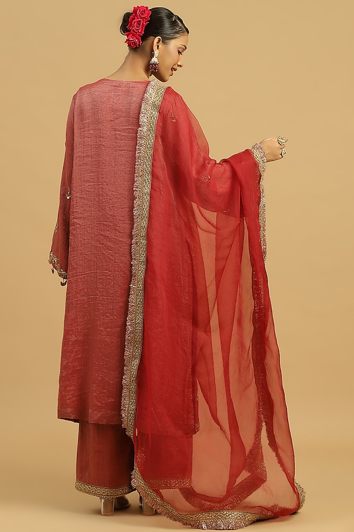 Burgundy Tissue Sequins Machine Embroidered Kurta Set by Siyona By Ankurita at Pernia's Pop Up Shop