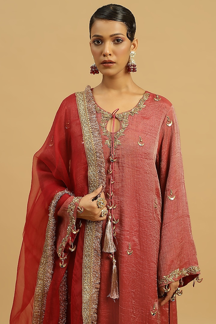 Burgundy Tissue Sequins Machine Embroidered Kurta Set by Siyona By Ankurita at Pernia's Pop Up Shop