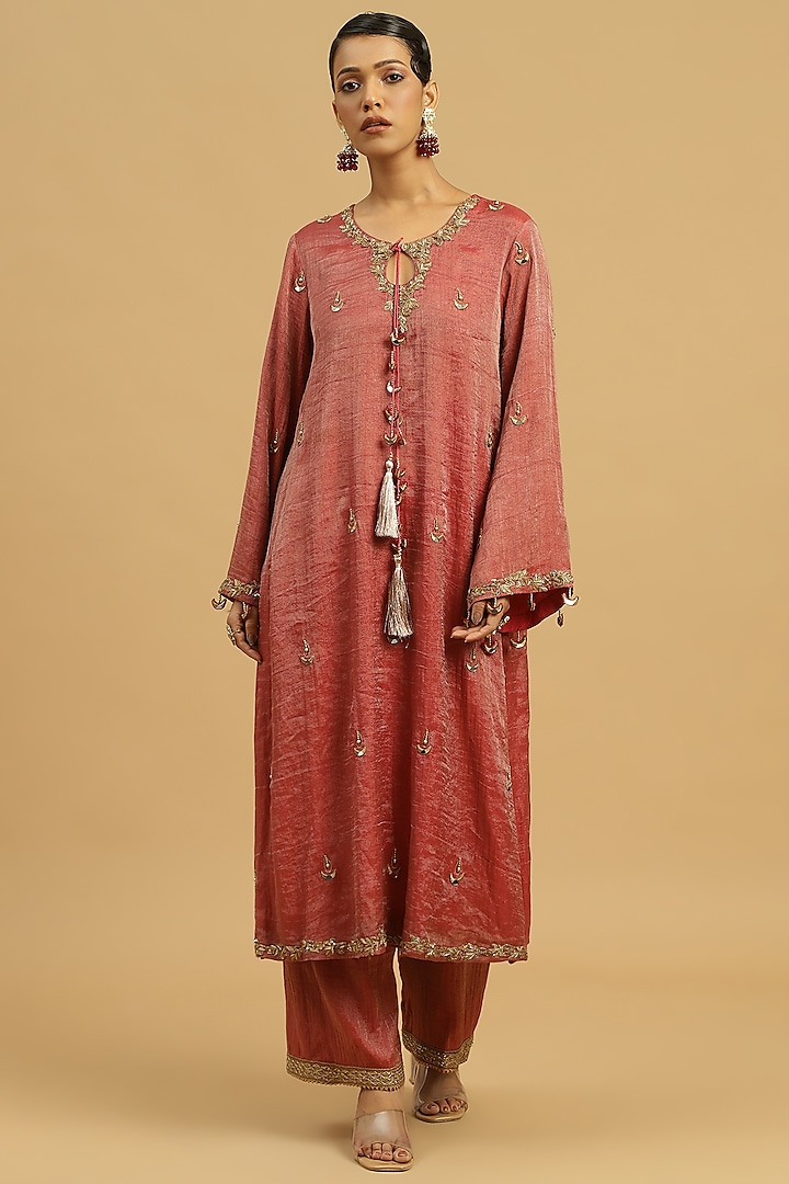 Burgundy Tissue Sequins Machine Embroidered Kurta Set by Siyona By Ankurita at Pernia's Pop Up Shop