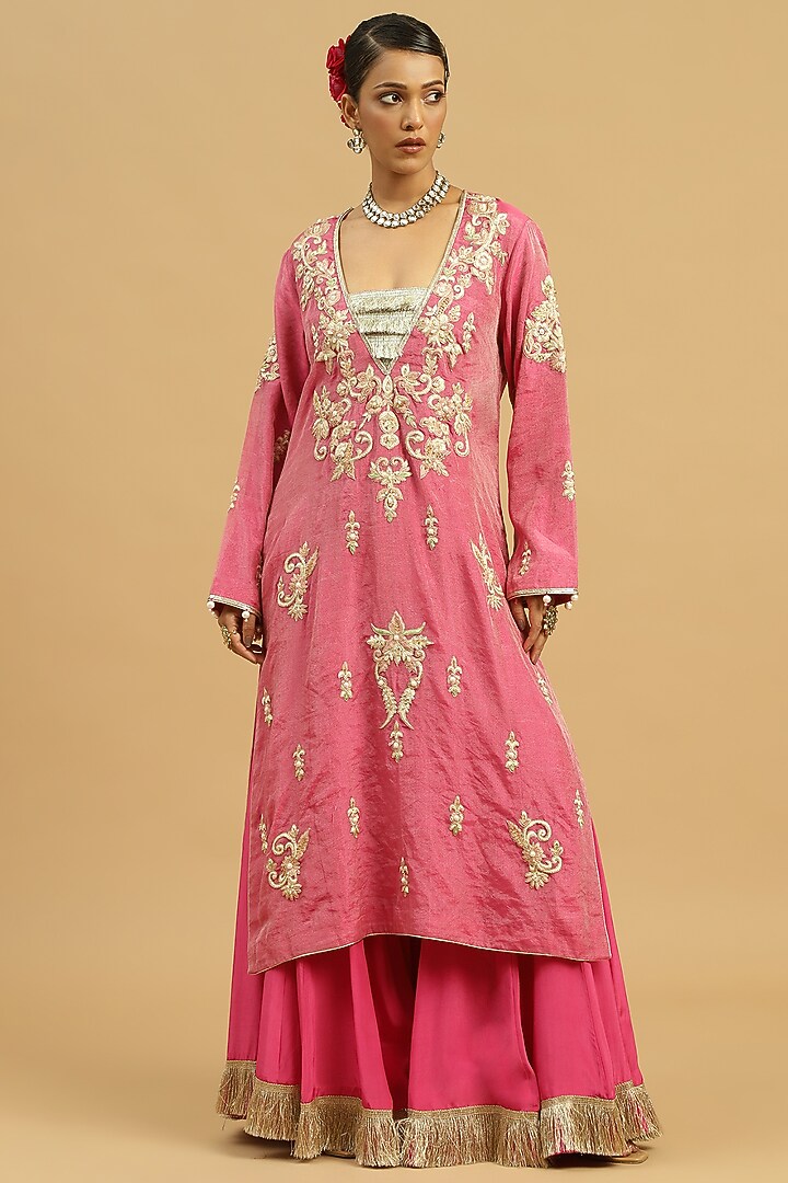Pink Semi Crepe Motif Embellishments Kurta Set by Siyona By Ankurita at Pernia's Pop Up Shop
