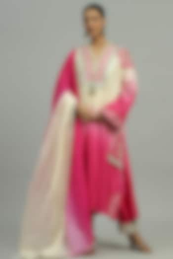 Pink Pure Chanderi Sequins Embroidered A-Line Ombre Kurta Set by Siyona By Ankurita