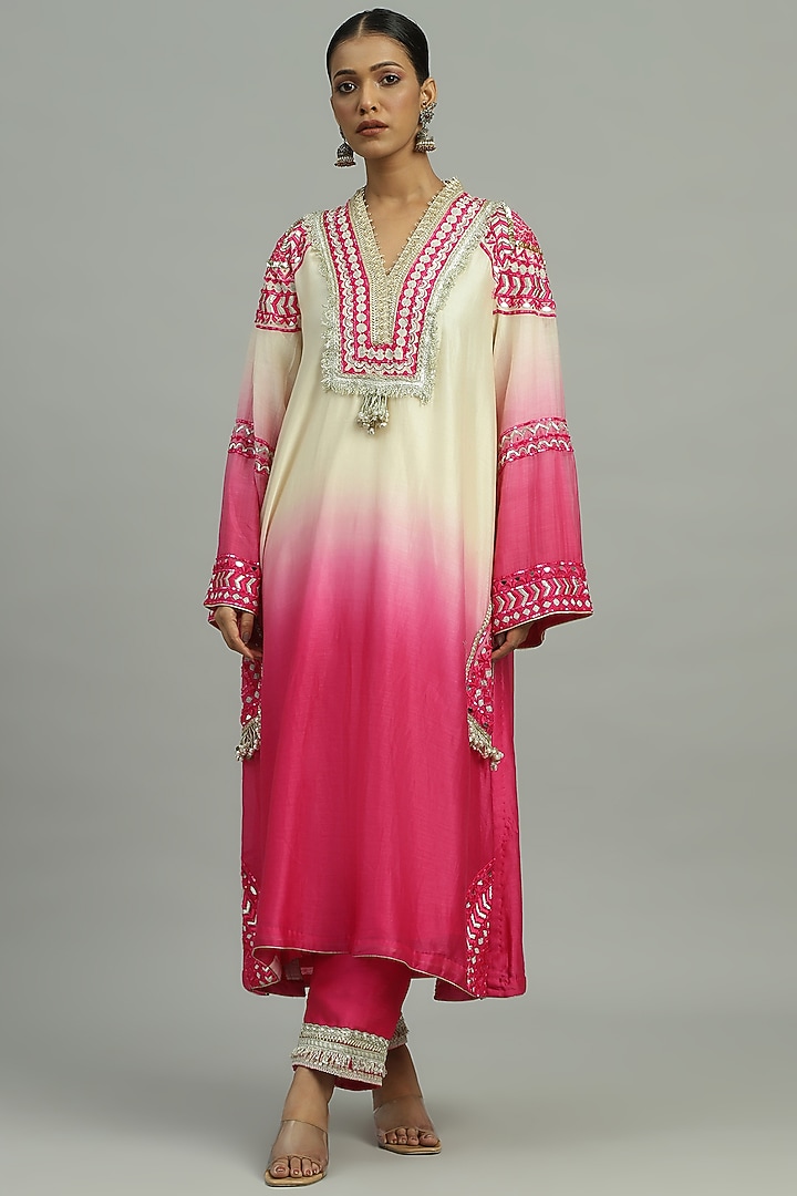 Pink Pure Chanderi Sequins Embroidered A-Line Ombre Kurta Set by Siyona By Ankurita at Pernia's Pop Up Shop