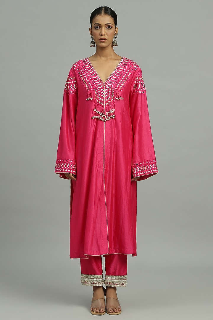 Pink Pure Chanderi Sequins Embroidered A-Line Kurta Set by Siyona By Ankurita at Pernia's Pop Up Shop