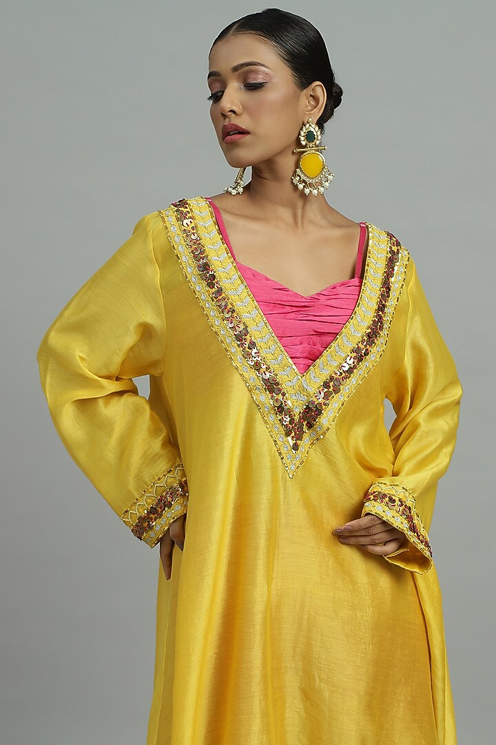 Yellow Pure Chanderi Silk Coin Work Kurta Set by Siyona By Ankurita at Pernia's Pop Up Shop