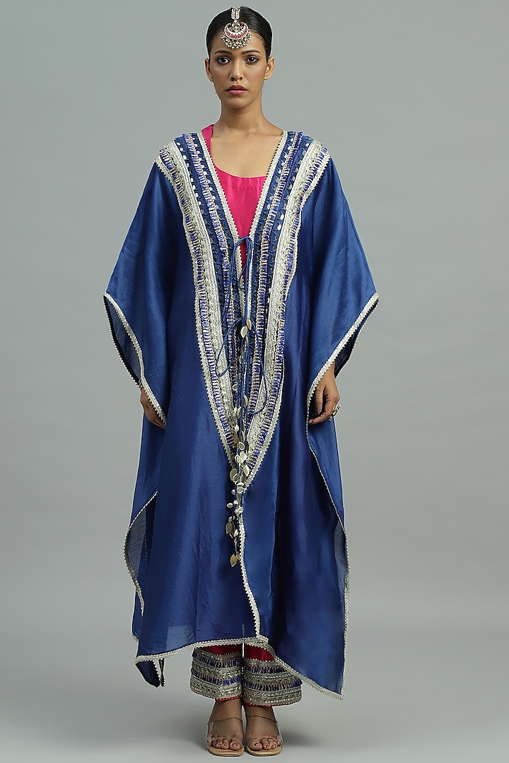 Blue Pure Chanderi Silk Sequins Embroidered Cape Set by Siyona By Ankurita at Pernia's Pop Up Shop