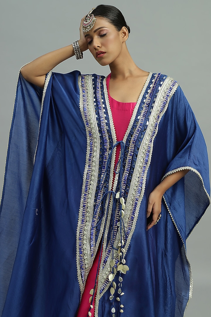 Blue Pure Chanderi Silk Sequins Embroidered Cape Set by Siyona By Ankurita at Pernia's Pop Up Shop