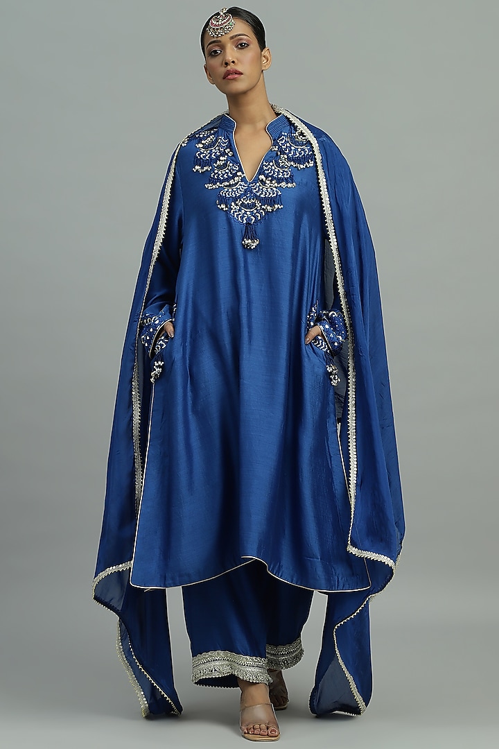 Blue Pure Chanderi Sequins Embroidered A-Line Kurta Set by Siyona By Ankurita at Pernia's Pop Up Shop