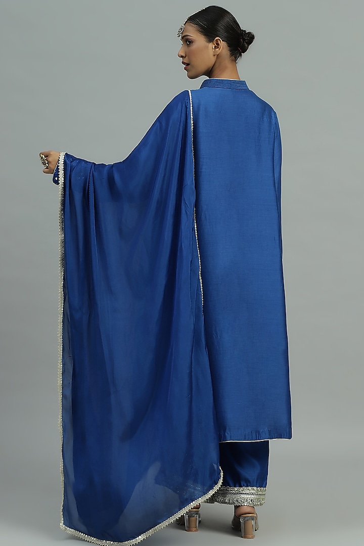 Blue Pure Chanderi Sequins Embroidered A-Line Kurta Set by Siyona By Ankurita at Pernia's Pop Up Shop