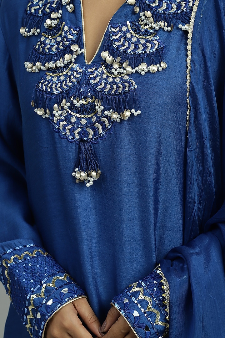 Blue Pure Chanderi Sequins Embroidered A-Line Kurta Set by Siyona By Ankurita at Pernia's Pop Up Shop