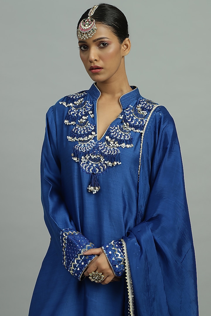 Blue Pure Chanderi Sequins Embroidered A-Line Kurta Set by Siyona By Ankurita at Pernia's Pop Up Shop
