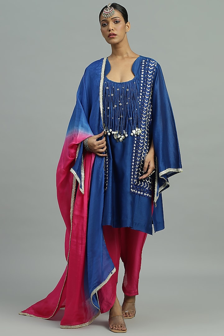 Blue Pure Chanderi Sequins Embroidered Short Kurta Set by Siyona By Ankurita at Pernia's Pop Up Shop