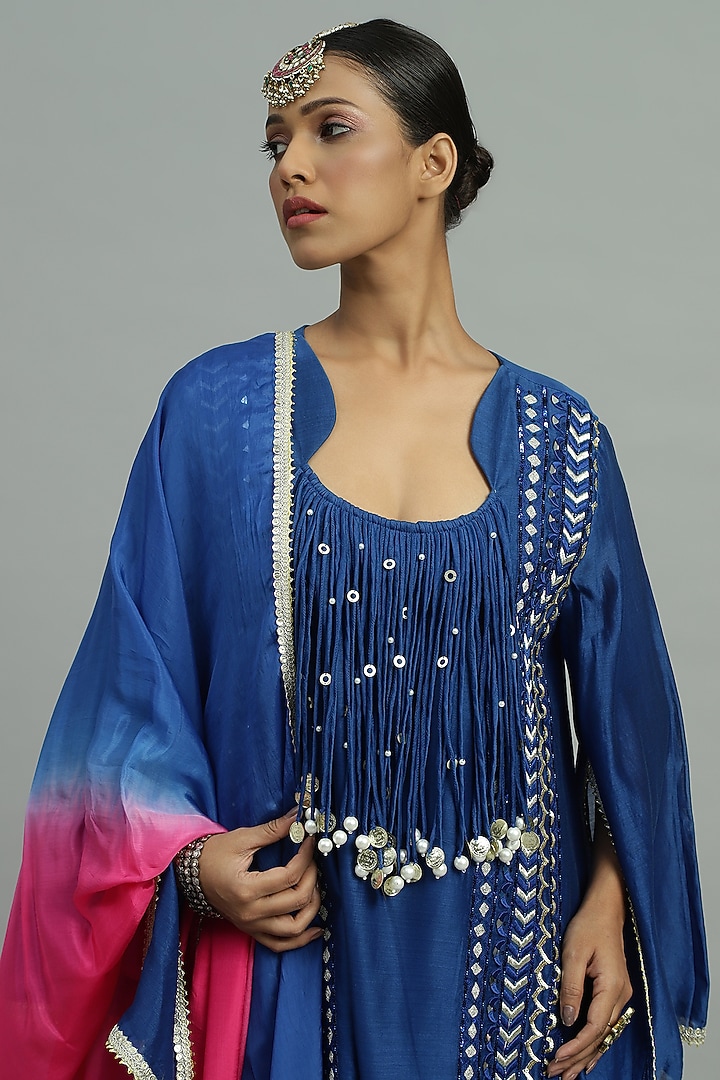 Blue Pure Chanderi Sequins Embroidered Short Kurta Set by Siyona By Ankurita at Pernia's Pop Up Shop