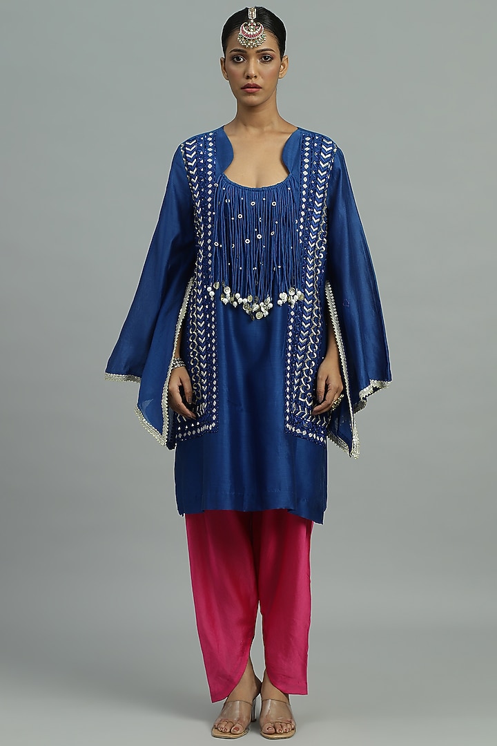 Blue Pure Chanderi Sequins Embroidered Short Kurta Set by Siyona By Ankurita at Pernia's Pop Up Shop