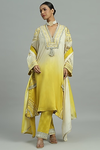 Yellow Pure Chanderi Sequins Embroidered A-Line Ombre Kurta Set by Siyona By Ankurita at Pernia's Pop Up Shop