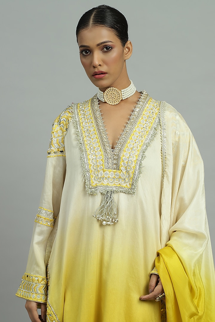 Yellow Pure Chanderi Sequins Embroidered A-Line Ombre Kurta Set by Siyona By Ankurita at Pernia's Pop Up Shop