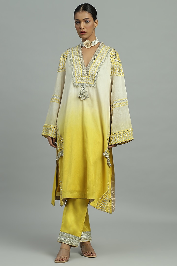 Yellow Pure Chanderi Sequins Embroidered A-Line Ombre Kurta Set by Siyona By Ankurita at Pernia's Pop Up Shop