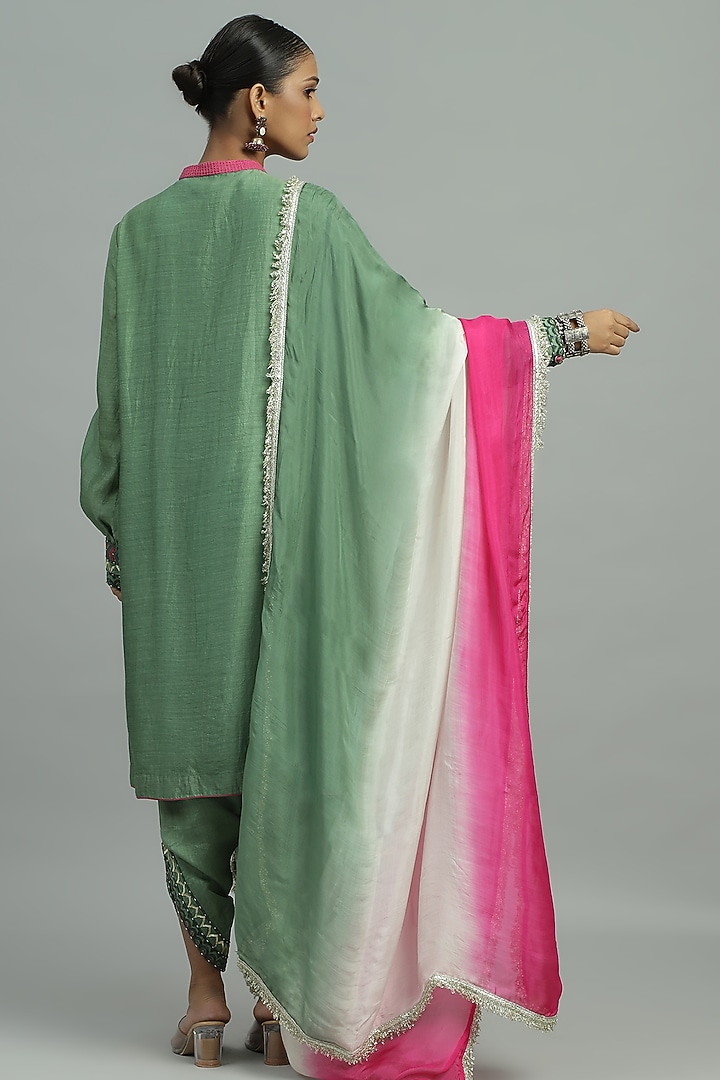 Green Pure Chanderi Sequins Embroidered Button-Down Kurta Set by Siyona By Ankurita at Pernia's Pop Up Shop